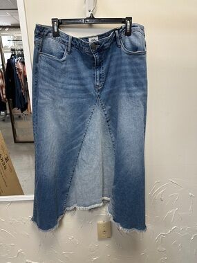 Women’s Denim Midi Skirt with Front Slit - Blue